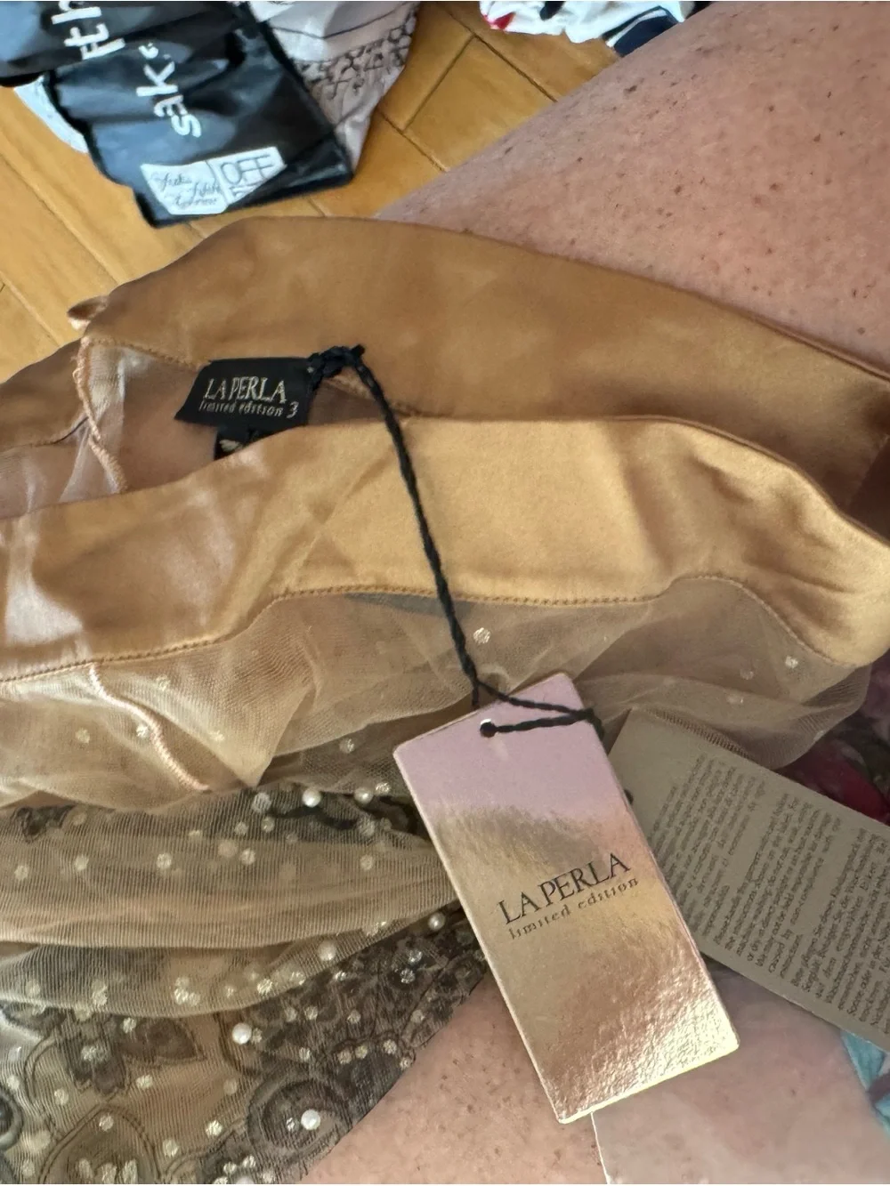 La Perla Beige Lace Mini Skirt with Gray Floral Beading